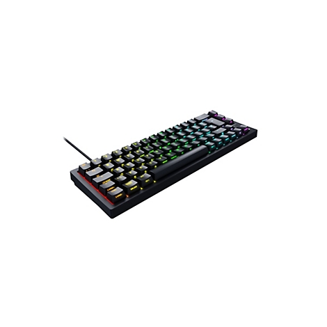 Ein schwarze, beleuchtete Gaming-Tastatur mit farbigen Tasten. Die Tastatur steht leicht schräg, Kabelanschluss links unten.