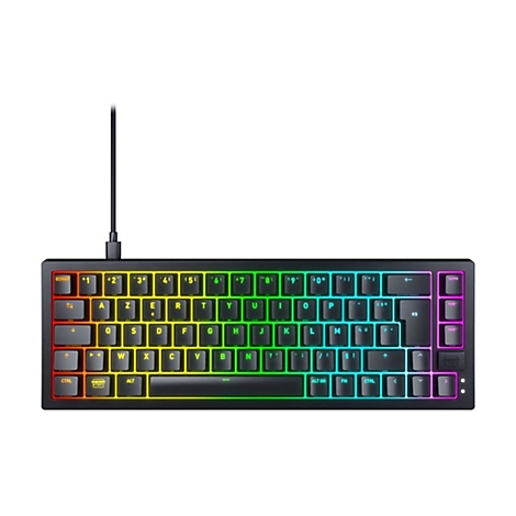 Schwarze mechanische Tastatur mit RGB-Beleuchtung. Tasten farblich beleuchtet, Kabel nach oben.