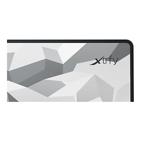 Graues Mousepad mit geometrischen Formen. Oben rechts steht "Xtrfy". Schwarzer Rand.
