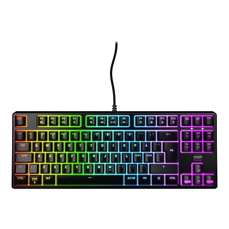 Schwarze mechanische Tastatur mit RGB-Beleuchtung. Tastenbeschriftungen sind deutlich zu erkennen.