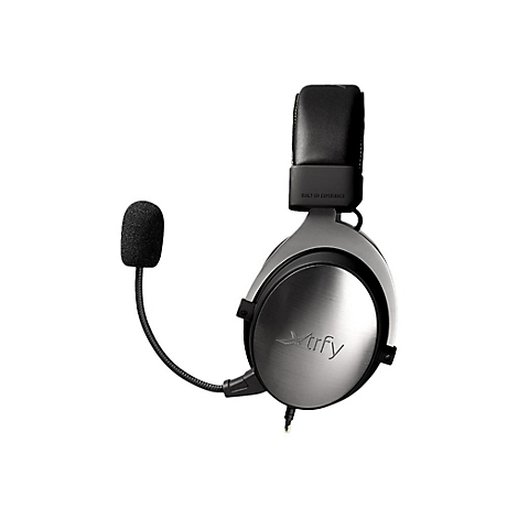 Graue Over-Ear-Kopfhörer mit Mikrofon, silbernem Logo. Schwarzes Kopfband mit Schriftzug 'Built on Experience'.