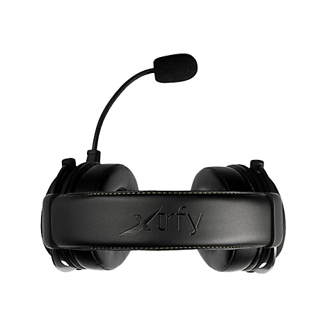 Schwarzes Gaming-Headset mit Mikrofon und geprägtem Logo.