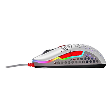 Weiße Gaming-Maus mit RGB-Beleuchtung. Sie hat ein Wabenmuster und ein geflochtenes Kabel.
