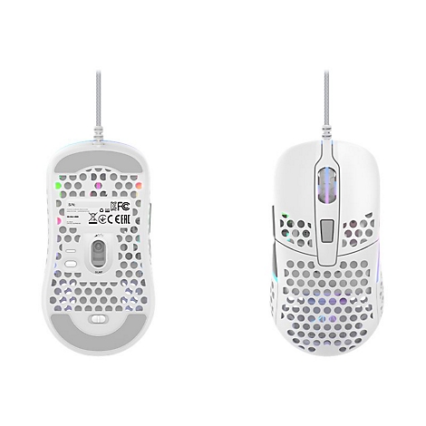 Zwei Ansichten einer weißen Gaming-Maus. Sie hat eine Wabenstruktur, ein Kabel und leuchtende Farben.