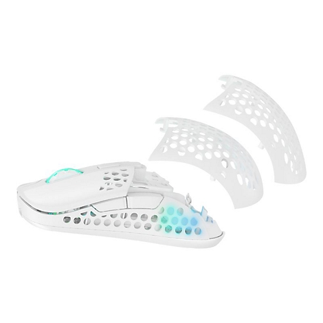 Weisse Gaming-Maus mit abnehmbaren Teilen vor weissem Hintergrund. Die Maus hat einen perforierten Körper mit farbiger Beleuchtung.