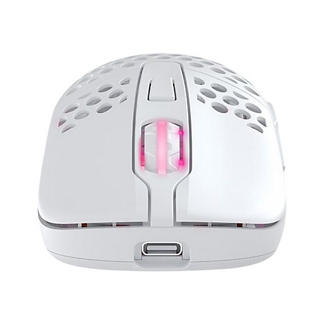 Draufsicht auf eine weiße Gaming-Maus mit Wabenmuster und rosafarbener Beleuchtung.