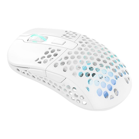 Weiße Gaming-Maus mit Wabenmuster und blauen Akzenten. Ein Scrollrad mit blauem Licht.
