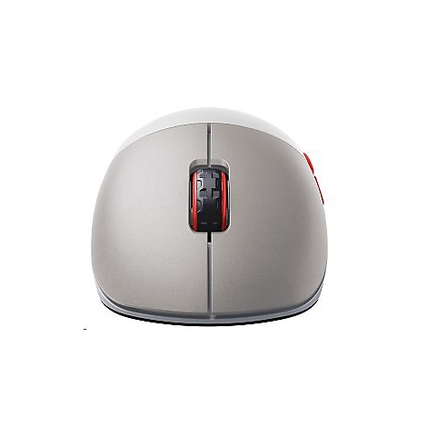 Hellgraue Computermaus mit rotem Scrollrad und Taste, Draufsicht.