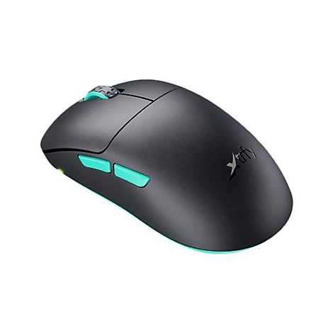 Schwarze Gaming-Maus mit türkisfarbenen Akzenten. Oben ein Scrollrad, an der Seite zwei Tasten und ein Logo.