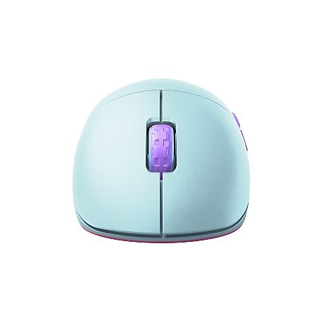 Hellblaugraue Maus mit lila Mausrad und Seitentasten. Auf weißem Hintergrund.