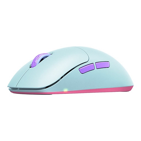 Hellblauer, ergonomischer PC-Maus mit lila Akzenten und pinkfarbener Basis. Scrollrad und Knöpfe in Lila.