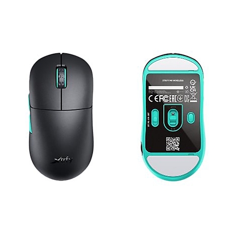 Drahtlose Computermaus in Schwarz mit türkisfarbenen Akzenten, Ansichten von oben und unten. Mausrad, Knöpfe und Seitenelemente farblich abgesetzt.