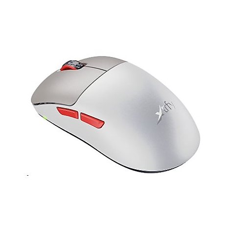 Hellgraue kabellose Maus mit roten Tasten und Scrollrad. Das Xtrfy-Logo ist auf der Oberfläche zu sehen.
