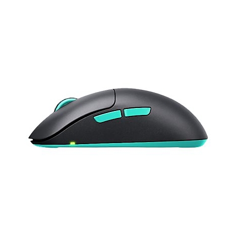 Drahtlose Maus, schwarz mit türkisen Details, vor weißem Hintergrund. Zwei seitliche Tasten und ein Scrollrad sind sichtbar.