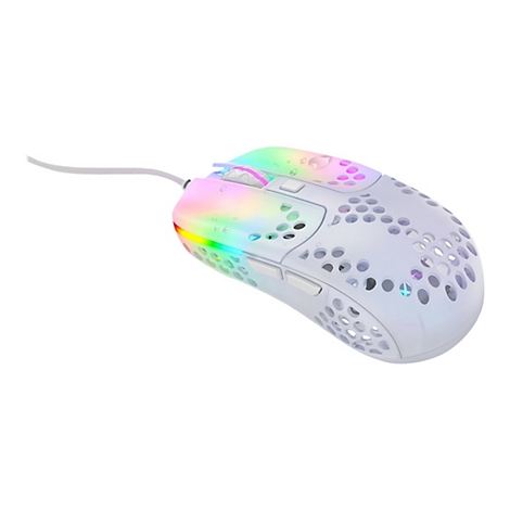 Weiße Gaming-Maus mit RGB-Beleuchtung und Lochdesign. Kabelanschluss. Die Oberfläche glänzt in Regenbogenfarben.