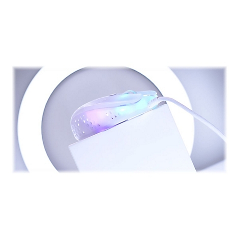 Eine transparente, beleuchtete Maus liegt auf einer weißen Oberfläche. Das Lichtspiel erzeugt eine Regenbogenfarben-Optik. Ein weißes Kabel ist angeschlossen.