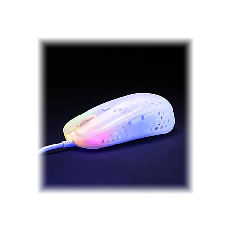 Weiße, perforierte Gaming-Maus mit Regenbogen-LED-Beleuchtung, an einem schwarzen Hintergrund.