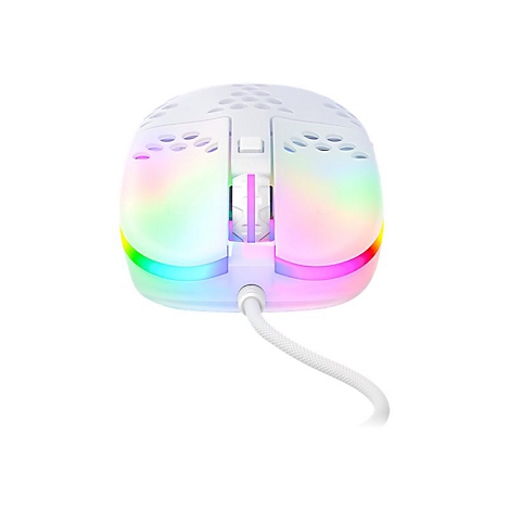Weisse Gaming-Maus mit bunten LED-Lichtern und Löchern auf der Oberfläche. Geflochtenes Kabel.