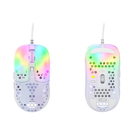 Zwei weiße Gaming-Mäuse mit Lochmuster, Regenbogen-LEDs und weißen Kabeln. Die linke Maus ist von oben, die rechte von unten abgebildet.