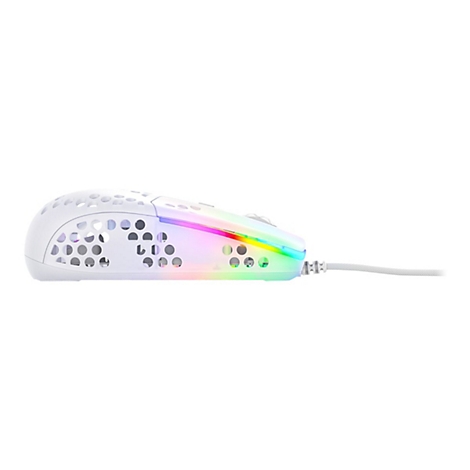 Weiße Gaming-Maus mit Löchern und bunten Lichtern. Sie liegt auf einem weißen Hintergrund.