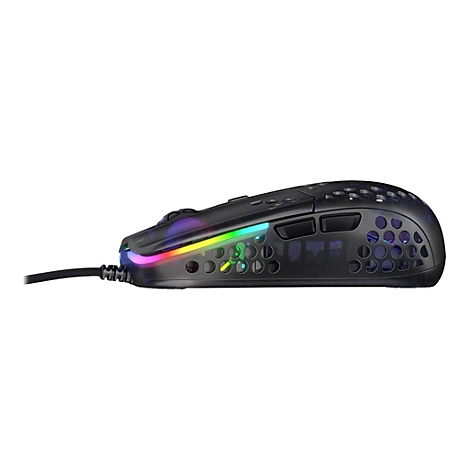 Schwarze Gaming-Maus mit RGB-Beleuchtung und Wabenmuster. Die Maus ist mit einem Kabel verbunden, das nach links verläuft.