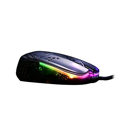 Schwarze Gaming-Maus mit RGB-Beleuchtung. Die Maus hat Löcher und ein Kabel.