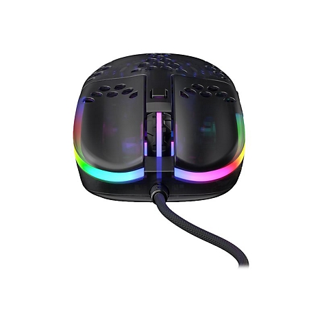 Schwarze Gaming-Maus mit RGB-Beleuchtung und geflochtenem Kabel. Das Design ist modern, futuristisch und auf Gaming ausgelegt.