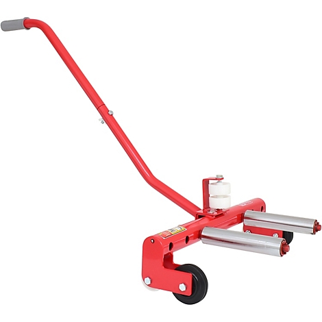 Roter Heber mit Griff und Rollen zum Transport von Objekten.