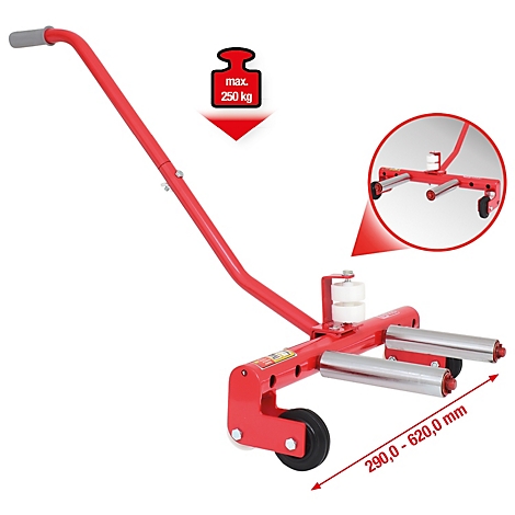 Roter Reifenheber mit zwei Rollen, einem Griff und einer maximalen Tragfähigkeit von 250 kg.