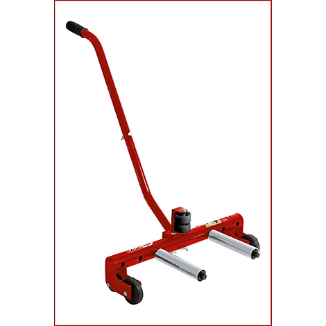 Roter Wagenheber mit Griff und zwei Rollen, vor weißem Hintergrund.