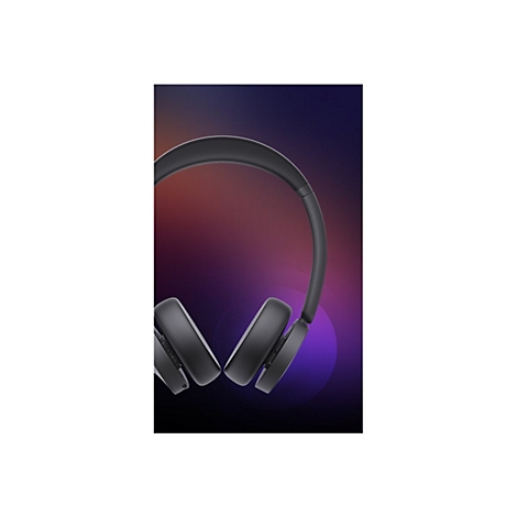 Schwarzer Kopfhörer, Detailaufnahme, vor farbigem Hintergrund.