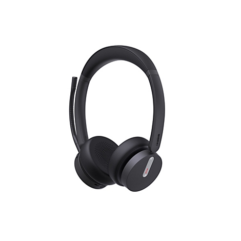 Schwarzes Yealink Headset mit gepolstertem Bügel und Mikrofonarm vor weißem Hintergrund.