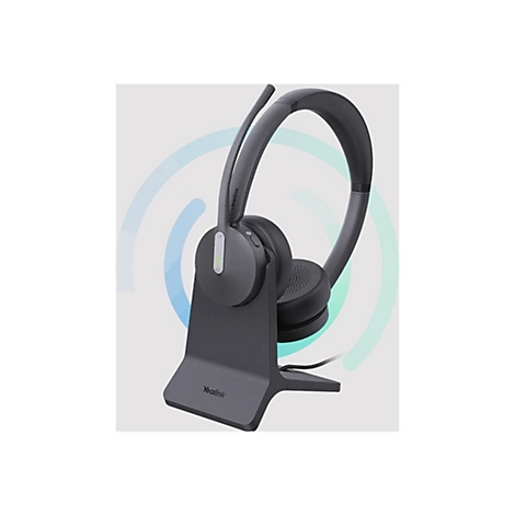 Ein schwarzes Headset auf einer Ladestation, mit dem Logo von Yealink.