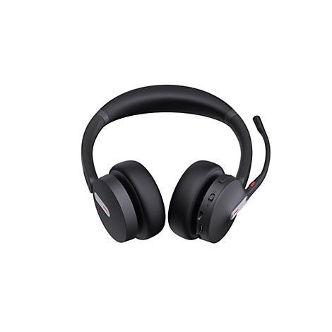 Schwarzes Wireless-Headset mit gepolstertem Bügel und Mikrofonarm vor weißem Hintergrund.