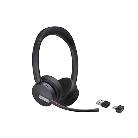 Schwarzes kabelloses Yealink Headset mit Mikrofonarm und zwei USB-Dongles vor weißem Hintergrund.
