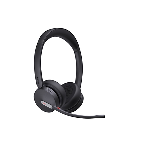 Schwarzes Yealink Headset mit Mikrofonarm vor weißem Hintergrund.