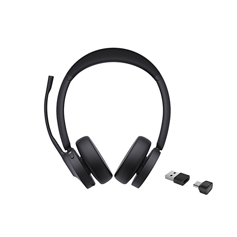 Schwarzes kabelloses Headset mit Mikrofonarm sowie ein USB-A- und ein USB-C-Adapter vor weißem Hintergrund.