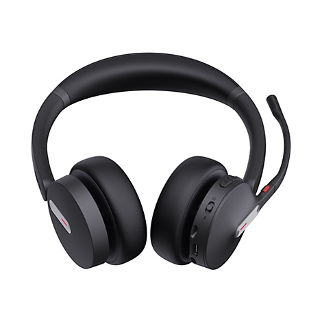 Schwarzes Wireless-Headset mit Kopfbügel, weichen Ohrpolstern und schwenkbarem Mikrofonarm vor weißem Hintergrund.