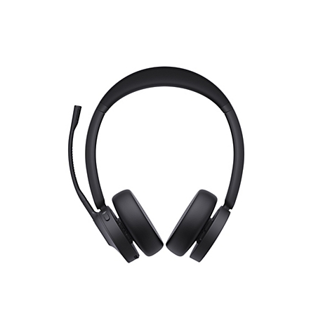 Schwarzes On-Ear-Headset mit klappbarem Mikrofonarm auf weißem Hintergrund.