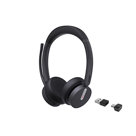 Schwarzes Yealink Headset mit Mikrofonarm und zwei USB-Dongles vor weißem Hintergrund.