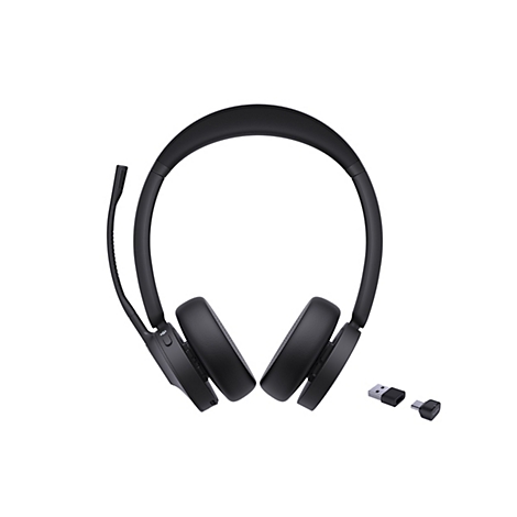 Schwarzes Headset mit Mikrofon und USB-Dongle auf weißem Hintergrund.