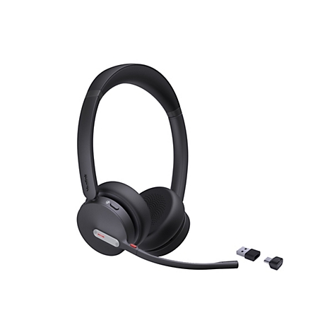 Schwarzes kabelloses Headset mit Mikrofon und Zubehör auf weißem Hintergrund. Logo "Yealink".