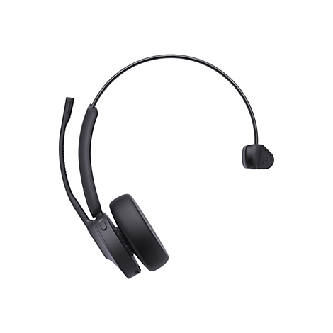 Schwarzes einseitiges Headset mit Mikrofonarm und gepolsterter Hörmuschel vor weißem Hintergrund.
