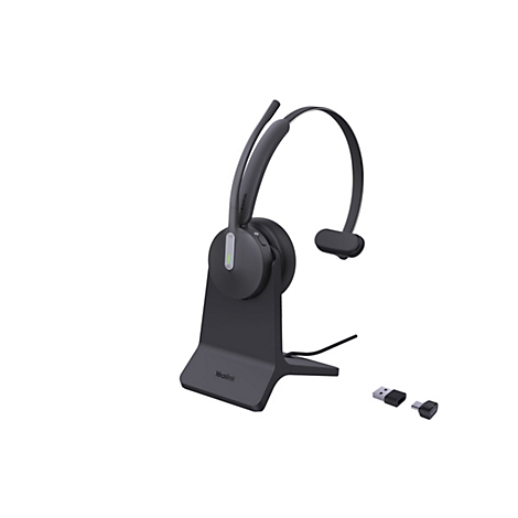 Drahtloses Headset mit Ladestation und USB-Adaptern, dunkelgrau, auf weißem Hintergrund. Das Headset steht auf einer Basis und hat einen Mikrofonarm.