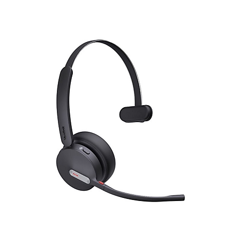 Drahtloses schwarzes Headset, das einen einzelnen KopfhÃ¶rer, einen Mikrofonarm und ein Stirnband umfasst.