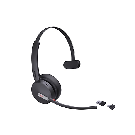 Drahtloses schwarzes Headset auf weißem Hintergrund; Mikrofon, Ohrhörer und USB-Adapter.