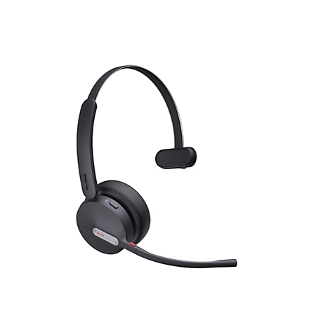 Drahtloses, schwarzes Headset. Der Bügel verbindet das Ohrteil mit dem Mikrofon.