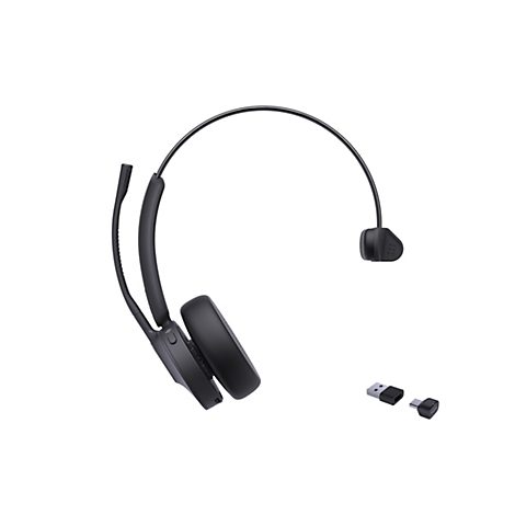 Schwarzes Headset mit Mikrofon und USB-Adapter, vor weißem Hintergrund. Das Headset hat ein Kopfband und einen drehbaren Mikrofonarm.