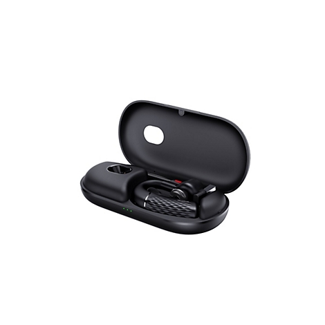 Offenes, schwarzes Ladeetui mit einem darin liegenden, kompakten Yealink Bluetooth-Headset auf weißem Hintergrund.