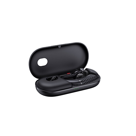 Schwarze Yealink Headset-Ladestation, geöffnet, mit Headset und USB-Dongle im Inneren auf weißem Hintergrund.